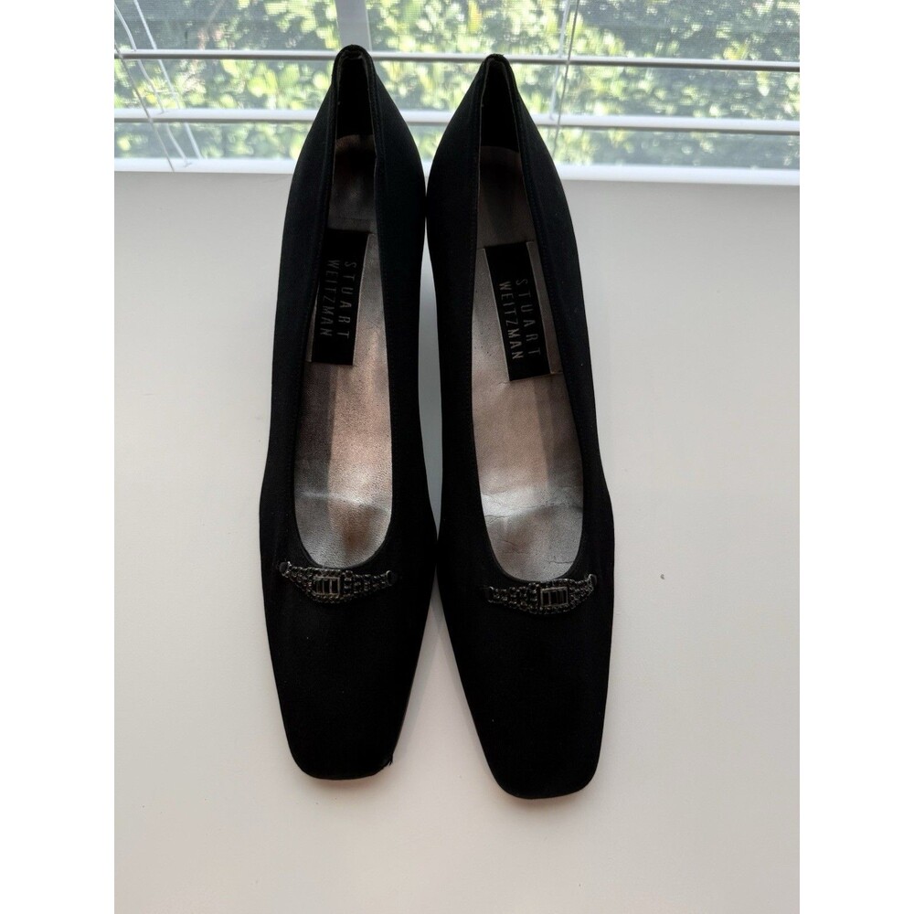 STUART WEITZMAN BLACK FABRIC Loafers Mules JEWELED PUMPS HEELS VTG Sz 9 1/2